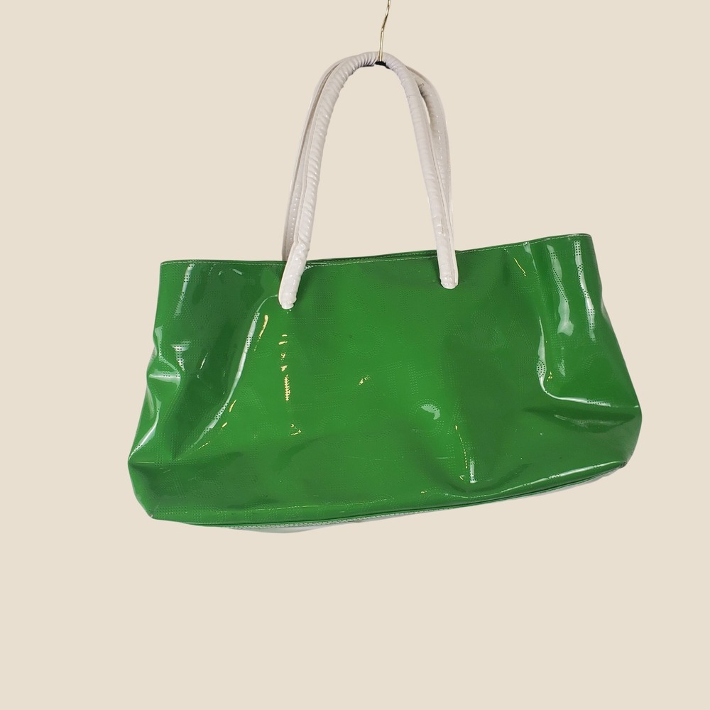 Large Tote Bag Patent Leather Women Green Glossy Perforated Logo